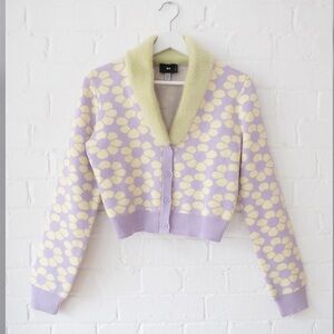 Lazy Oaf Sweaters Lazy Oaf Flower Repeat Furry Cardigan Purple Green Yellow